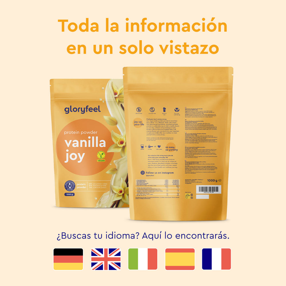 Dos bolsas de Proteina Vanilla Joy de Gloryfeel GmbH España con texto en cinco idiomas: español, inglés, alemán, italiano y francés, indicados por sus respectivas banderas.