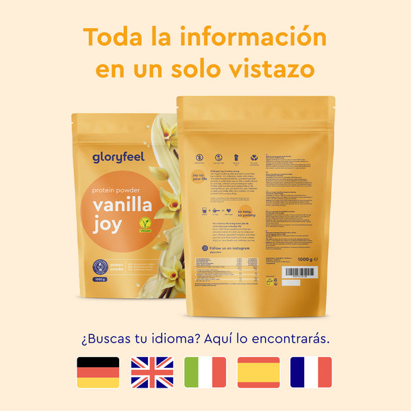 Dos bolsas de Proteina Vanilla Joy de Gloryfeel GmbH España con texto en cinco idiomas: español, inglés, alemán, italiano y francés, indicados por sus respectivas banderas.