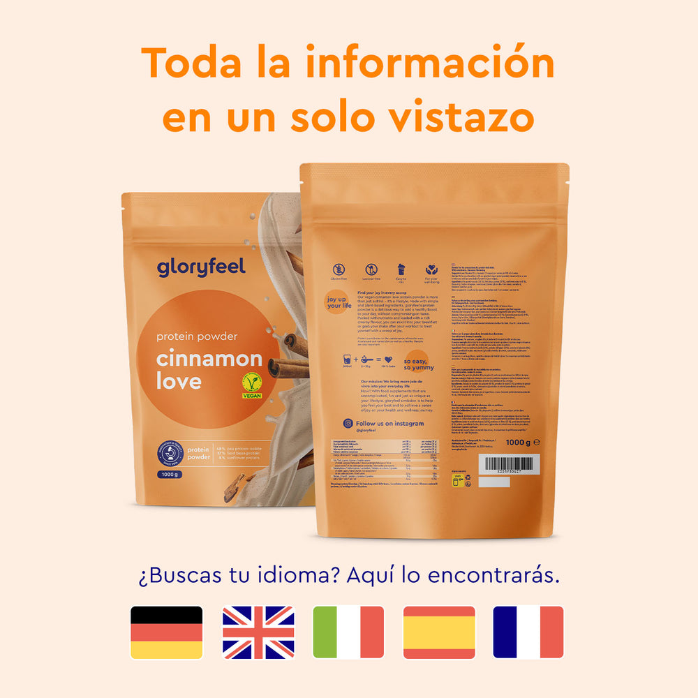 Dos bolsas naranjas de &quot;Proteína Canela Amor&quot; de gloryfeel GmbH España, con imágenes de ramas de canela y texto en español. Debajo se muestran las banderas de Alemania, Reino Unido, Italia y España.