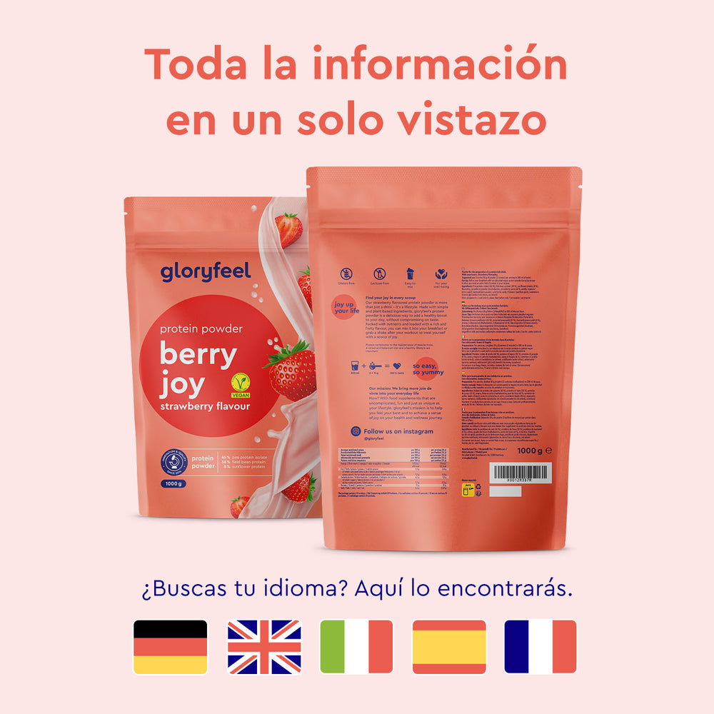 Dos paquetes de Proteina Berry Joy - Sabor de fresa de Gloryfeel GmbH España, con iconos en varios idiomas y que dicen: &quot;Toda la información en un solo vistazo.