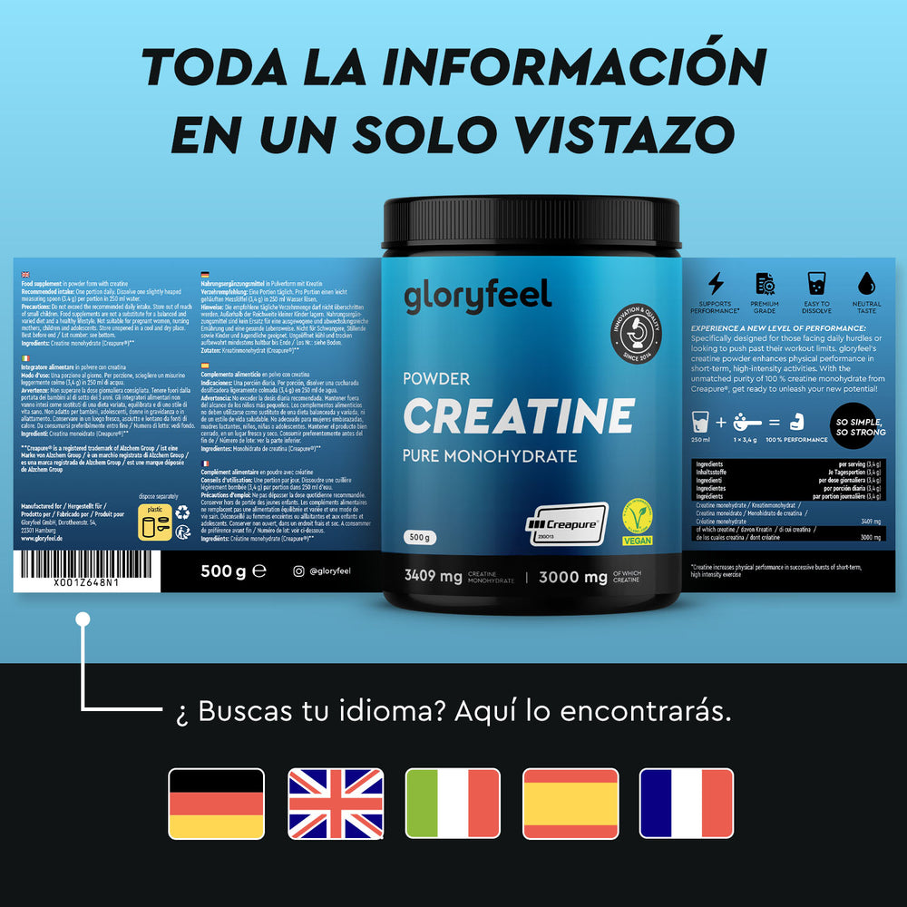 Una imagen del producto Creatina en polvo de gloryfeel GmbH España, que muestra etiquetas detalladas y banderas para una selección multilingüe.