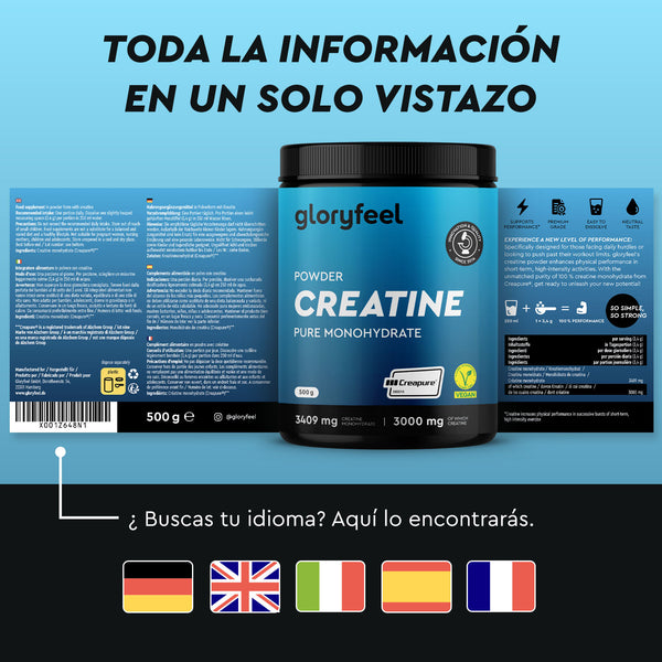 Una imagen del producto Creatina en polvo de gloryfeel GmbH España, que muestra etiquetas detalladas y banderas para una selección multilingüe.