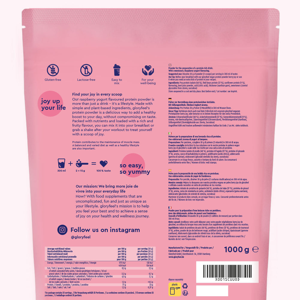 El reverso de Proteina Berry Joy - Sabor a frambuesa de gloryfeel GmbH España presenta información nutricional, instrucciones de uso, beneficios e íconos de redes sociales.