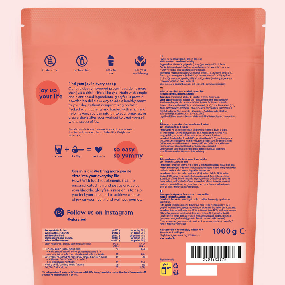 Reverso de un paquete de Proteina Berry Joy - Sabor de fresa de gloryfeel GmbH España, con información detallada del producto, datos nutricionales, ingredientes y detalles de redes sociales sobre un fondo de color melocotón.
