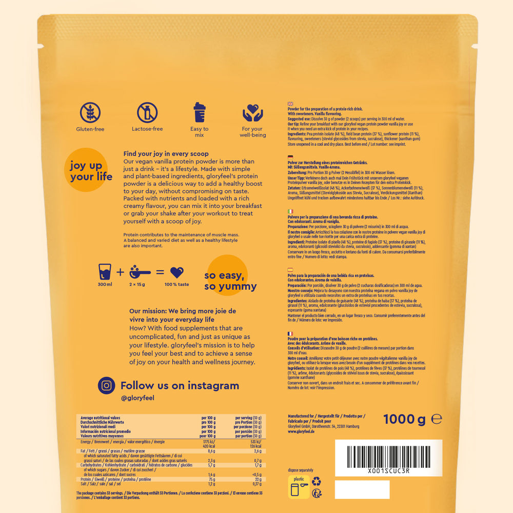 Envase amarillo de la proteína en polvo Proteina Vanilla Joy de gloryfeel GmbH España, con descripción del producto, información nutricional e instrucciones de uso. Eslogan de la marca: &quot;Dale vida a tu vida&quot;. Contiene 1000 g.