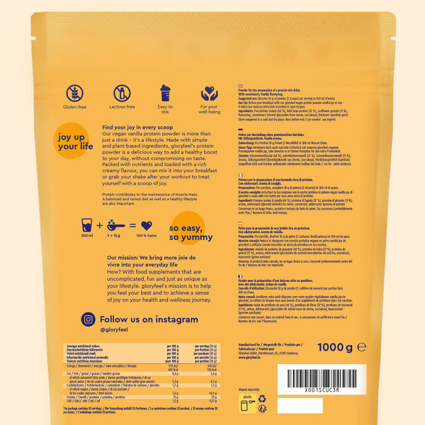 Envase amarillo de la proteína en polvo Proteina Vanilla Joy de gloryfeel GmbH España, con descripción del producto, información nutricional e instrucciones de uso. Eslogan de la marca: &quot;Dale vida a tu vida&quot;. Contiene 1000 g.
