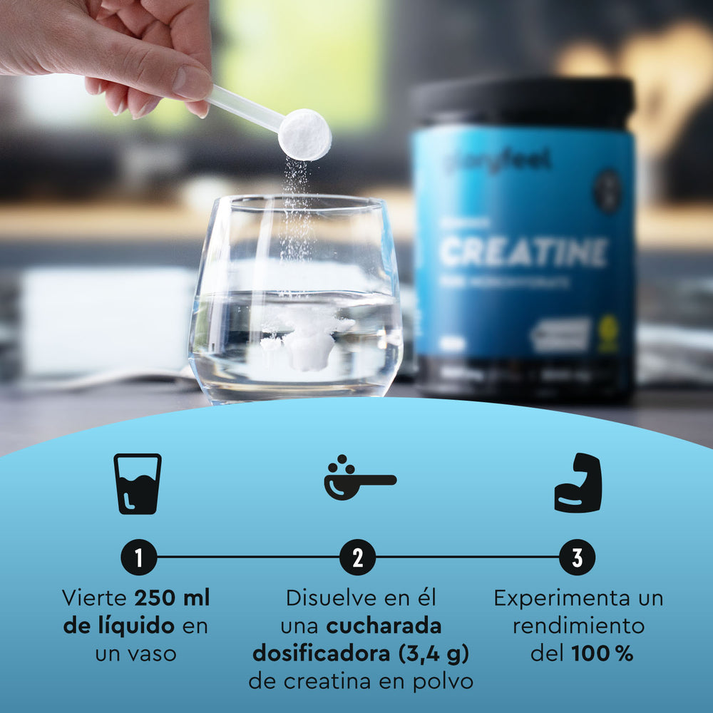 Vertiendo a mano Creatina en polvo de gloryfeel GmbH España en un vaso de agua, con su envase azul al fondo. Las instrucciones a continuación muestran los pasos de mezcla y consumo.