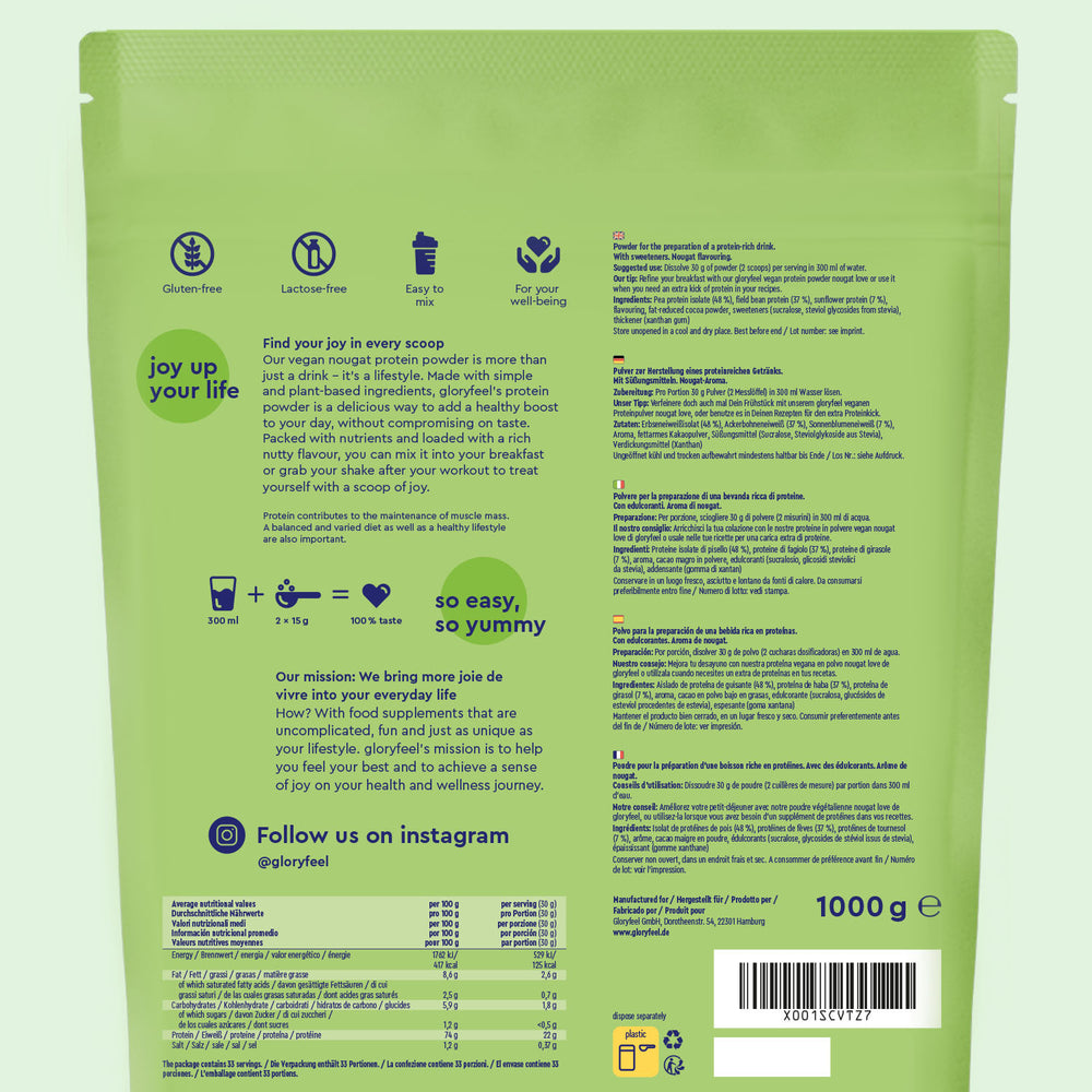 El Proteina Nougat Love de gloryfeel GmbH España se presenta en un envase verde que detalla sus beneficios, instrucciones de uso e información nutricional. Incluye ingredientes sin gluten, sin lactosa y veganos. El producto pesa 1000 g.