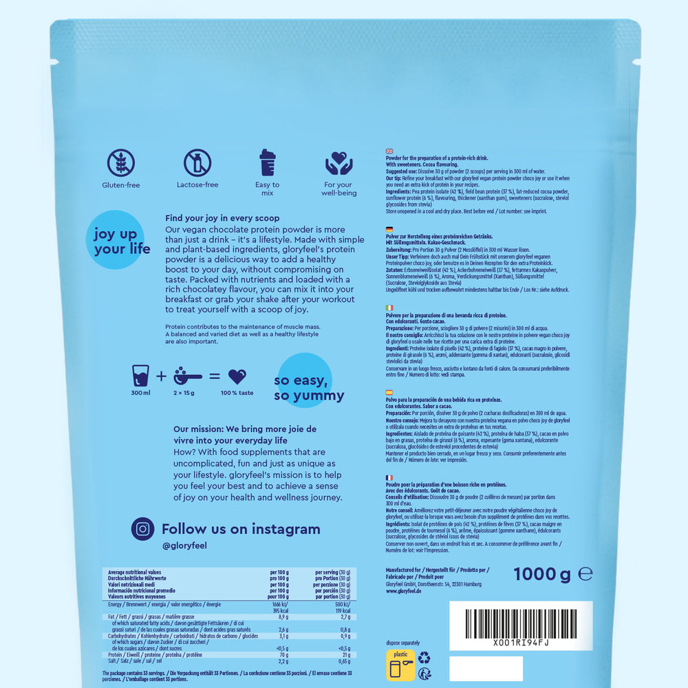 El reverso del envase de Proteina Choco Joy de gloryfeel GmbH España presenta los beneficios, las instrucciones de uso y los ingredientes. El diseño azul y blanco incluye iconos sin gluten y sin lactosa, además de información sobre redes sociales.