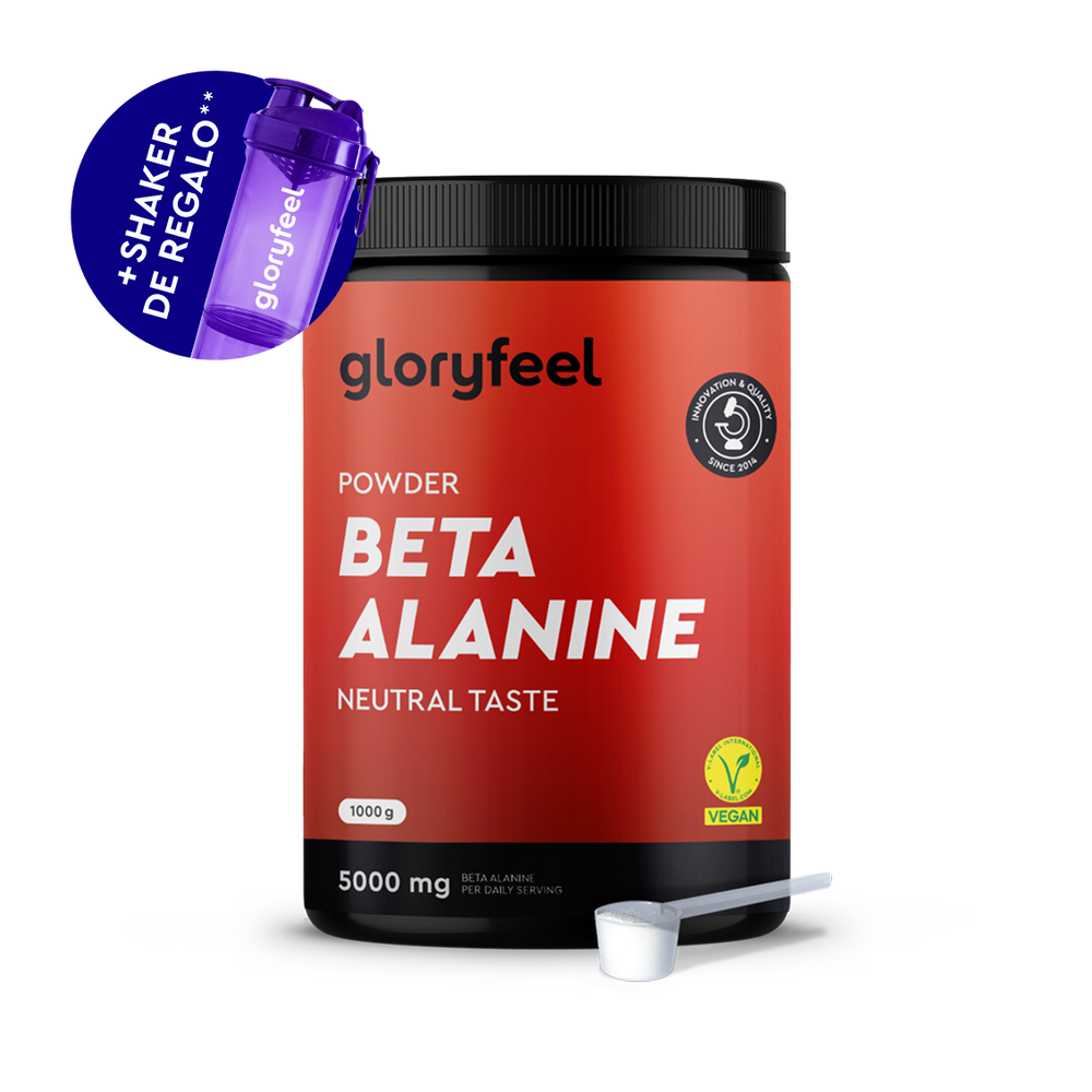 Un envase de 1000g de Beta Alanina en polvo de gloryfeel GmbH España, incluye un cacito y un agitador morado gratis, es vegano y tiene un sabor neutro.