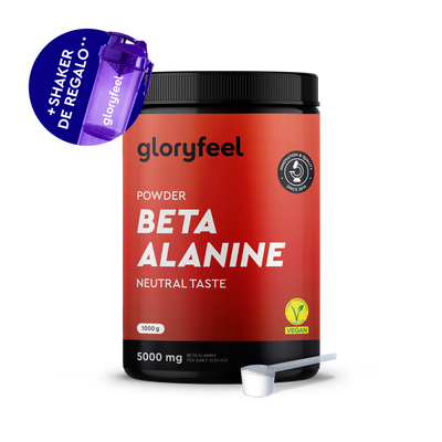 Un envase de 1000g de Beta Alanina en polvo de gloryfeel GmbH España, incluye un cacito y un agitador morado gratis, es vegano y tiene un sabor neutro.