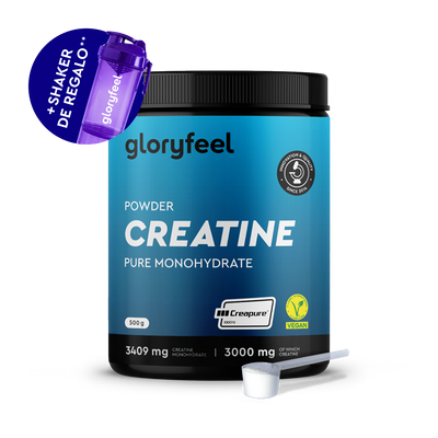 Un envase de Creatina en polvo de gloryfeel GmbH España incluye un cacito y un agitador morado de regalo con la etiqueta "+ Shaker de regalo.