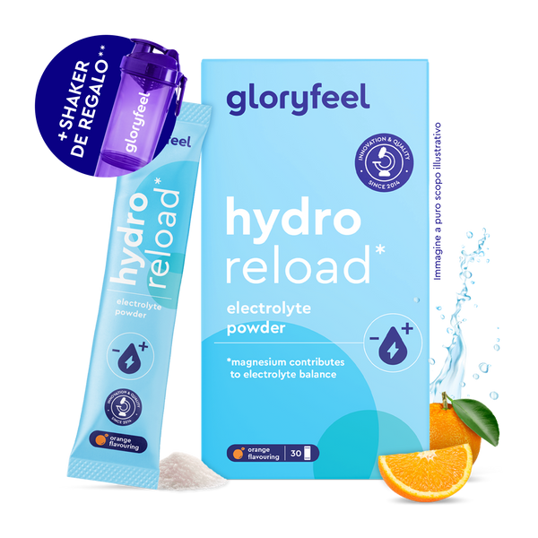 Electrolitos Hidratación NARANJA de gloryfeel GmbH España: incluye una barra de polvos con sabor a naranja, una rodaja de naranja, una pila de polvos y un bote agitador morado de regalo.
