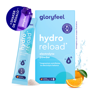 Electrolitos Hidratación NARANJA de gloryfeel GmbH España: incluye una barra de polvos con sabor a naranja, una rodaja de naranja, una pila de polvos y un bote agitador morado de regalo.