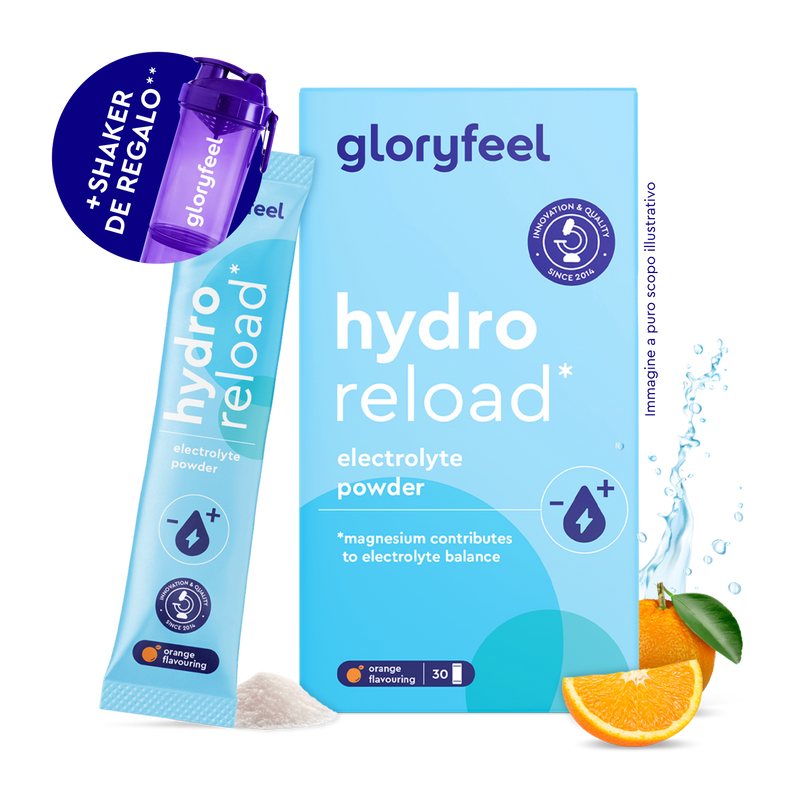 Electrolitos Hidratación NARANJA de gloryfeel GmbH España: incluye una barra de polvos con sabor a naranja, una rodaja de naranja, una pila de polvos y un bote agitador morado de regalo.