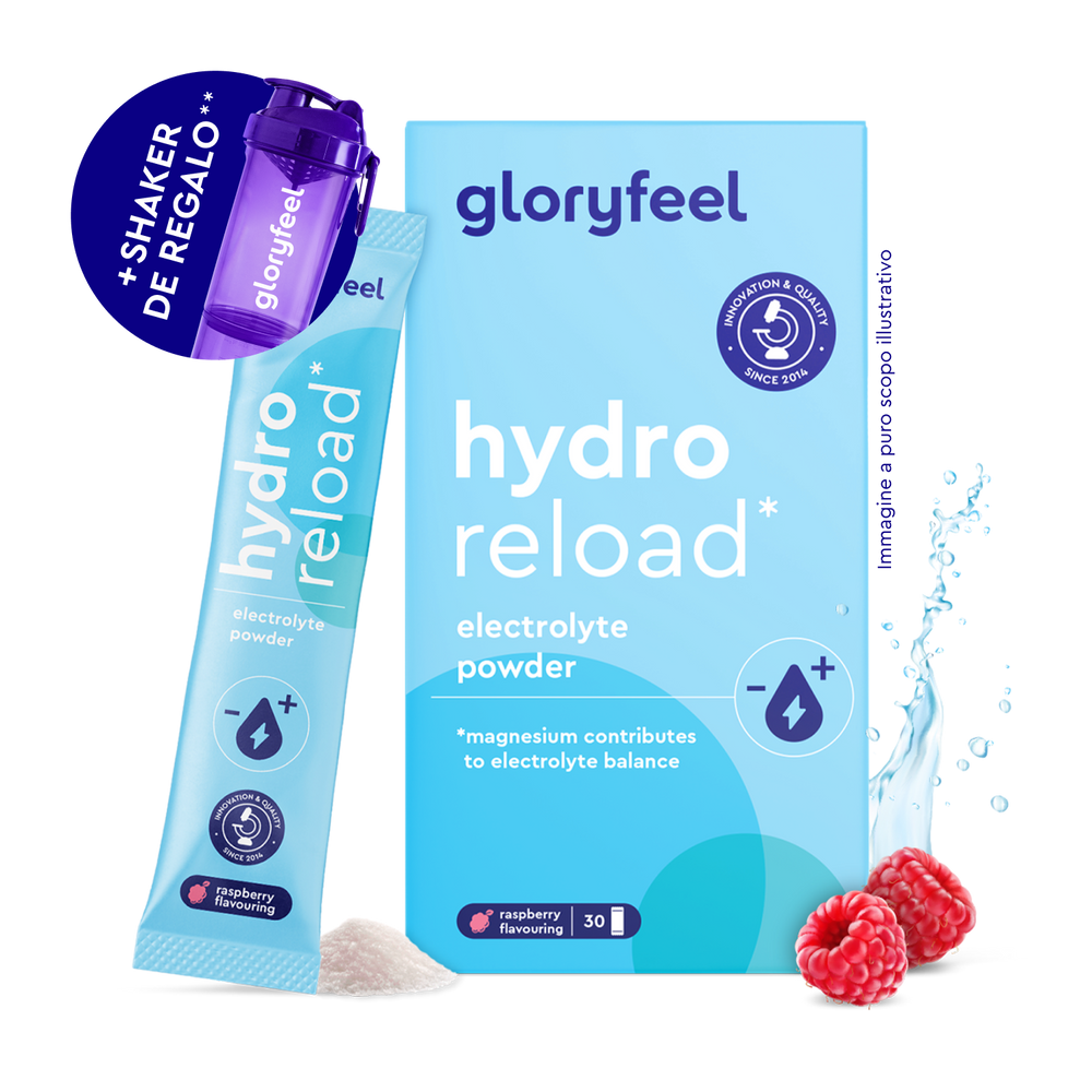 Electrolitos Hidratación FRAMBUESA de gloryfeel GmbH España, sabor frambuesa, mostrado con frambuesas, salpicadura de agua, un poco de polvo y una botella agitadora morada.