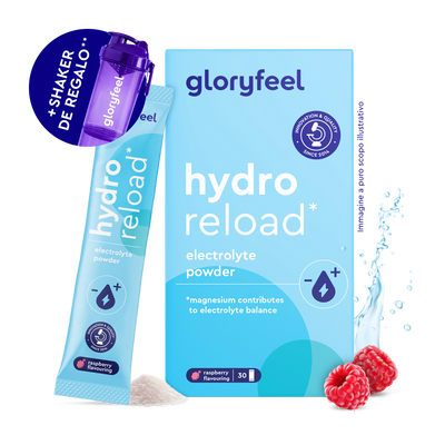 Electrolitos Hidratación FRAMBUESA de gloryfeel GmbH España, sabor frambuesa, mostrado con frambuesas, salpicadura de agua, un poco de polvo y una botella agitadora morada.