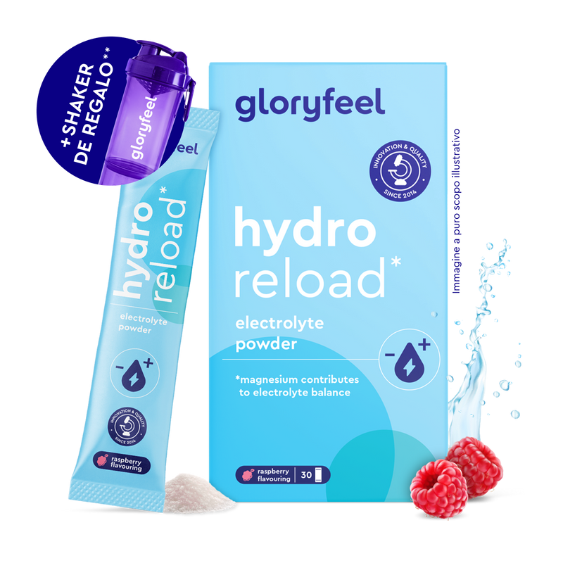 Electrolitos Hidratación FRAMBUESA de gloryfeel GmbH España, sabor frambuesa, mostrado con frambuesas, salpicadura de agua, un poco de polvo y una botella agitadora morada.