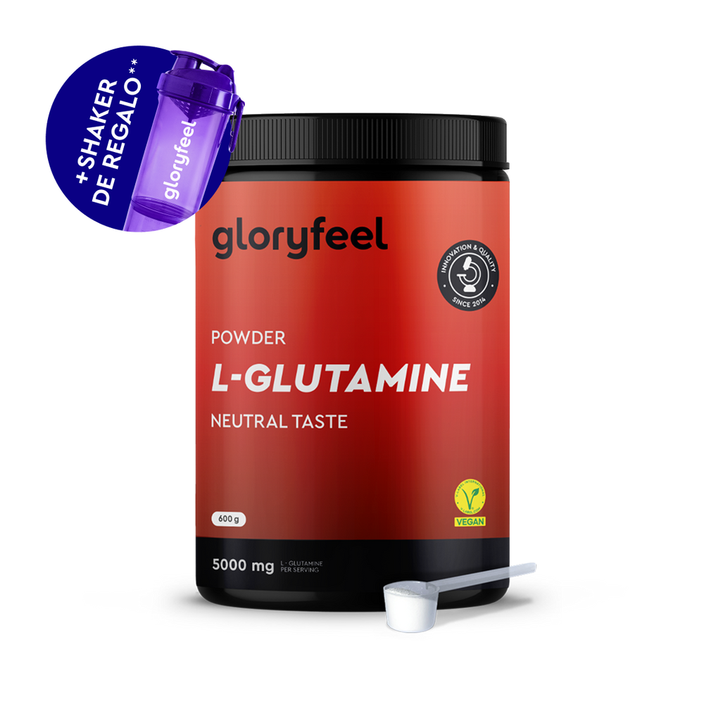 Un envase de Glutamina en polvo de gloryfeel GmbH España, con una cuchara blanca, más un agitador morado con la etiqueta &quot;Shaker de regalo&quot; incluido como regalo.