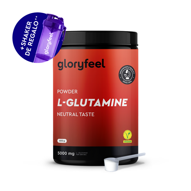 Un envase de Glutamina en polvo de gloryfeel GmbH España, con una cuchara blanca, más un agitador morado con la etiqueta "Shaker de regalo" incluido como regalo.