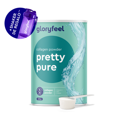 Gloryfeel GmbH España Colágeno en polvo 500g Pretty Pure Sabor Neutro con vitamina C incluye cacito medidor y shaker morado gratis "+ Shaker de Regalo!" para potenciar tu belleza.