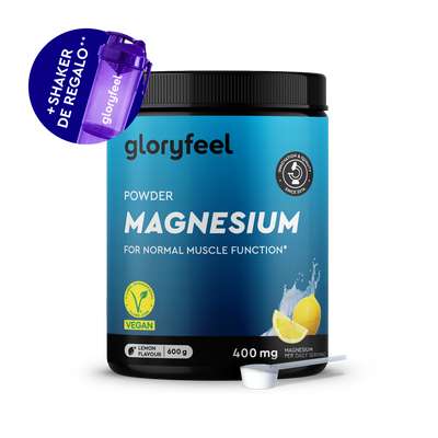 Un bote de 600g de Complejo de Magnesio en polvo de gloryfeel GmbH España, sabor limón, vegano, 400mg por ración, incluye un cacito y un shaker morado con el texto "Shaker de regalo".