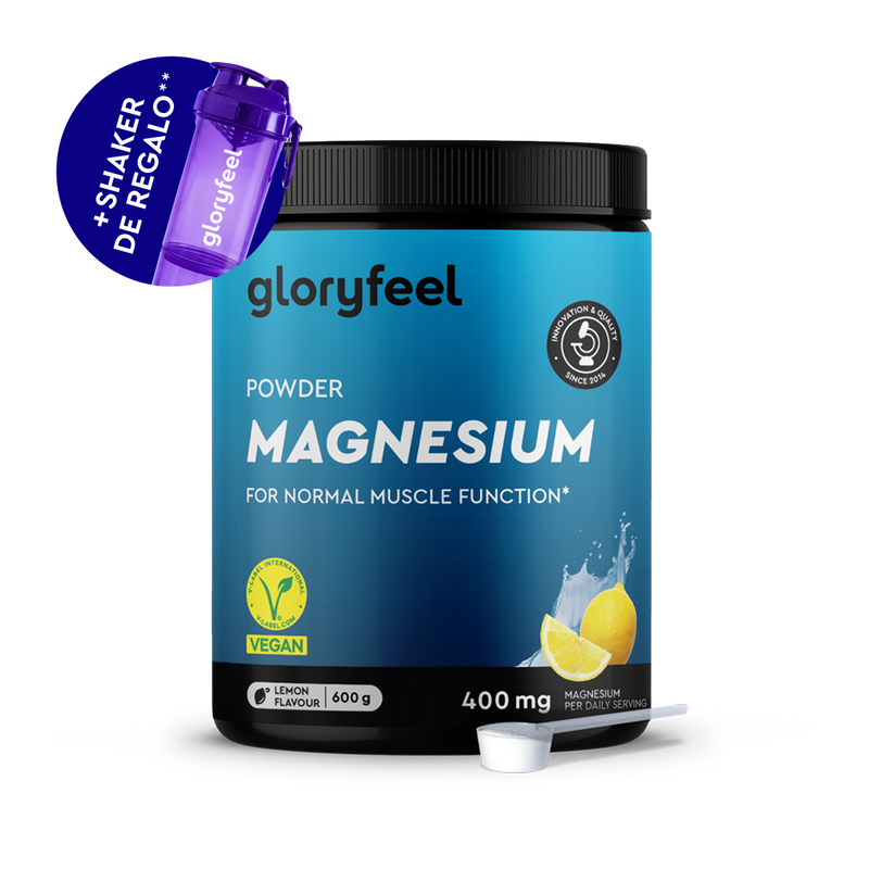 Un bote de 600g de Complejo de Magnesio en polvo de gloryfeel GmbH España, sabor limón, vegano, 400mg por ración, incluye un cacito y un shaker morado con el texto "Shaker de regalo".