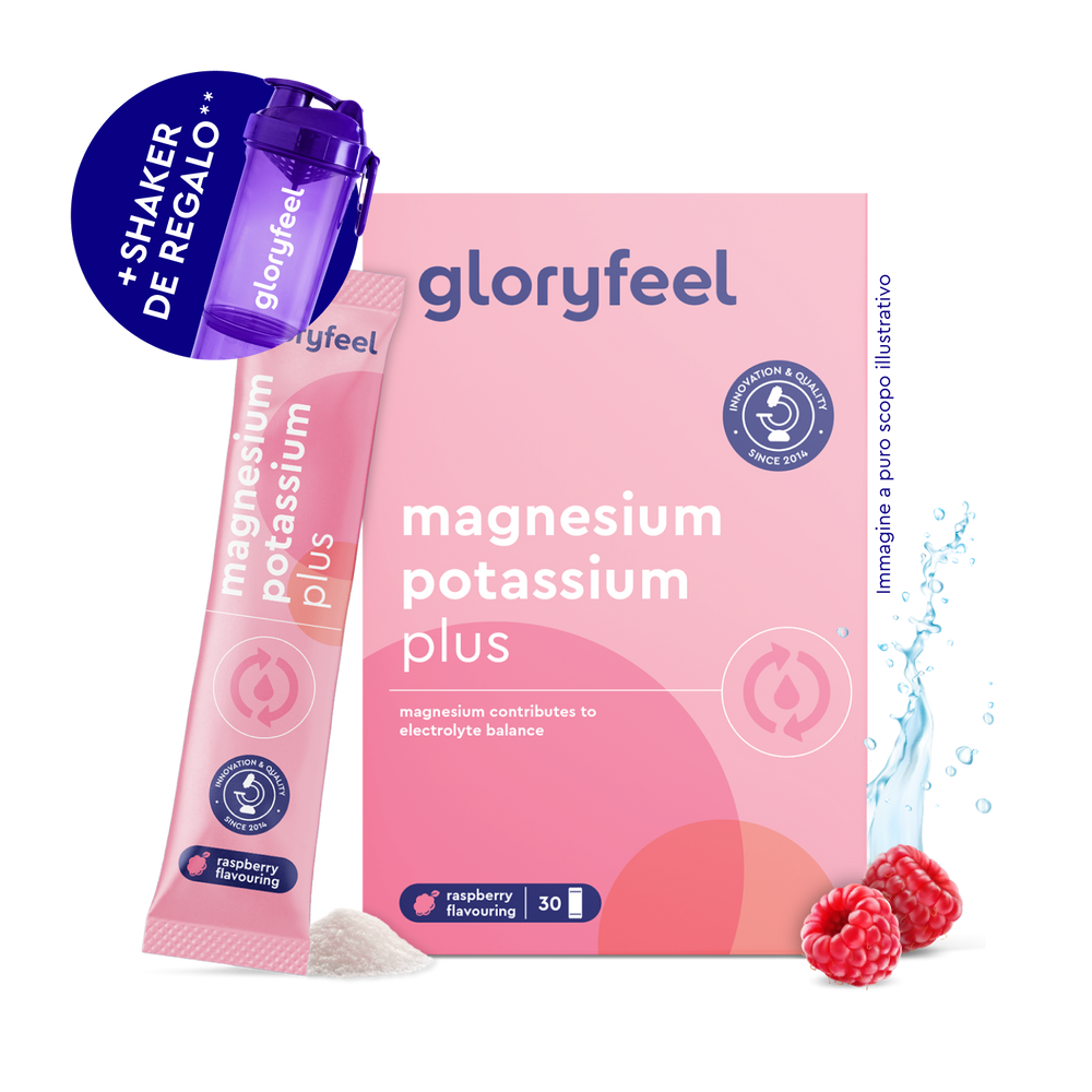 Magnesio Potasio Sticks Frambuesa de gloryfeel GmbH España: caja con bolsita, polvo suelto, dos frambuesas, salpicadura de agua, agitador morado. Sabor frambuesa indicado en el envase.