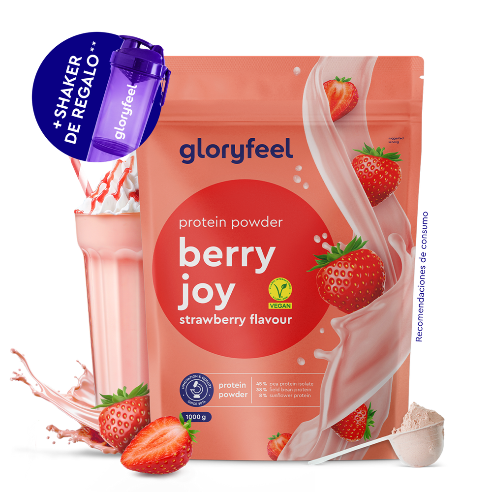 Un paquete de Proteina Berry Joy - Sabor de fresa de gloryfeel GmbH España, con fresas, un batido rosa, un cacito de polvo y una promoción gratuita de un batidor morado.