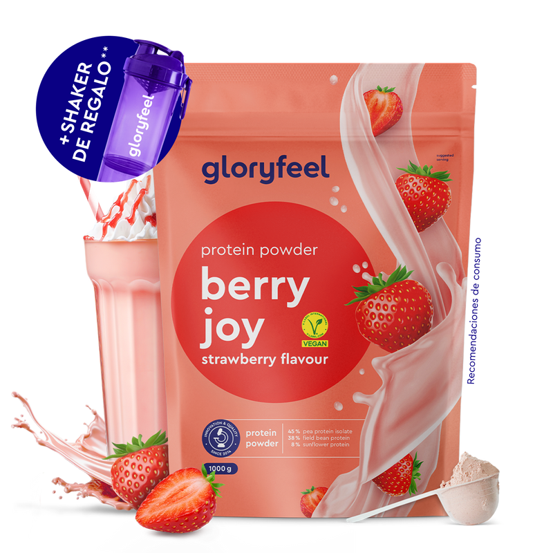 Un paquete de Proteina Berry Joy - Sabor de fresa de gloryfeel GmbH España, con fresas, un batido rosa, un cacito de polvo y una promoción gratuita de un batidor morado.