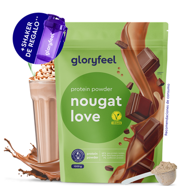 Un paquete de gloryfeel GmbH España Proteina Turrón Amor con trocitos de chocolate, un batido de chocolate, una cucharada de polvo y un frasco agitador morado.