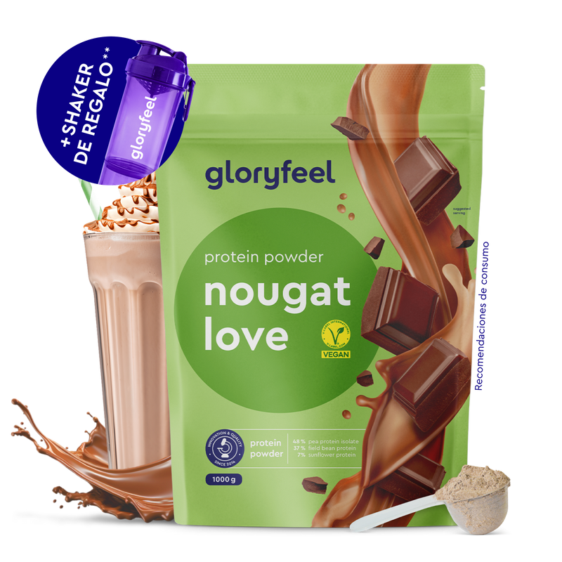 Un paquete de gloryfeel GmbH España Proteina Turrón Amor con trocitos de chocolate, un batido de chocolate, una cucharada de polvo y un frasco agitador morado.