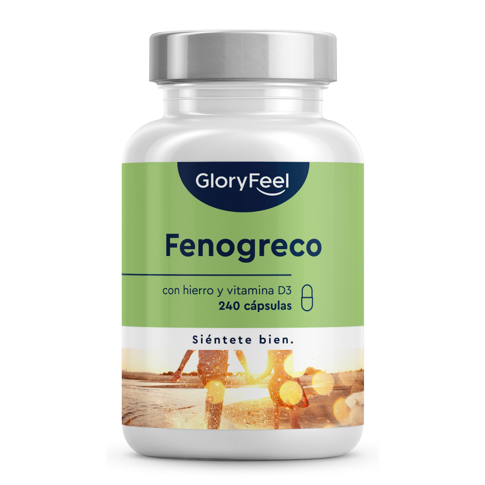 Un frasco de gloryfeel GmbH Fenogreco 2.600 mg suplemento dietético, con fitoestrógenos, hierro y vitamina D3, contiene 240 cápsulas.