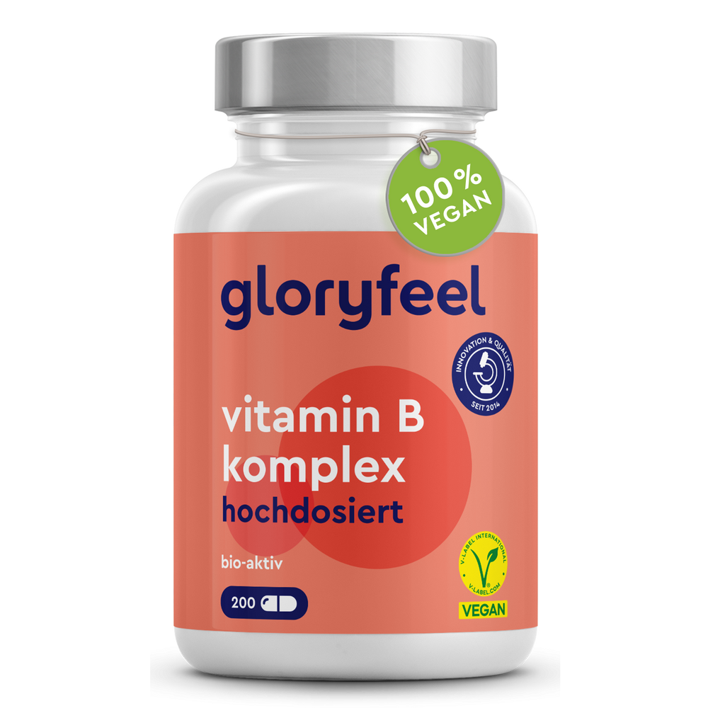 El producto Vitamina B Complex Forte de GloryFeel GmbH España es 100 % vegano y cuenta con el logotipo de certificación. Favorece el metabolismo con vitamina B esencial y proporciona beneficios antioxidantes para el bienestar general.