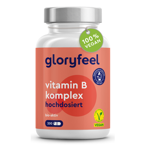 El producto Vitamina B Complex Forte de GloryFeel GmbH España es 100 % vegano y cuenta con el logotipo de certificación. Favorece el metabolismo con vitamina B esencial y proporciona beneficios antioxidantes para el bienestar general.