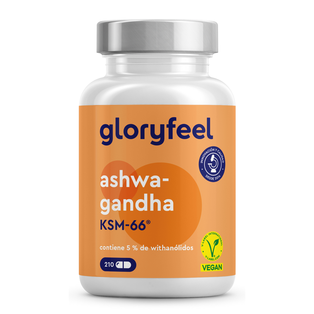 Botella blanca de Ashwagandha KSM-66® de gloryfeel GmbH España, con etiqueta naranja y 5% de withanólidos, con certificación vegana.