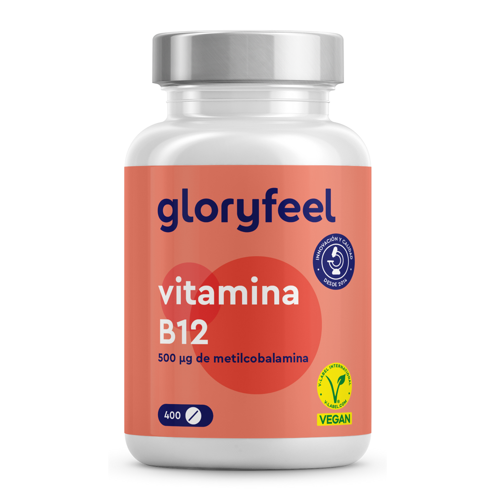 Un frasco de Vitamina B12 Metilcobalamina de GloryFeel GmbH España etiquetado como &quot;Vegetarianos y Veganos&quot; ofrece 400 comprimidos de 500 µg.