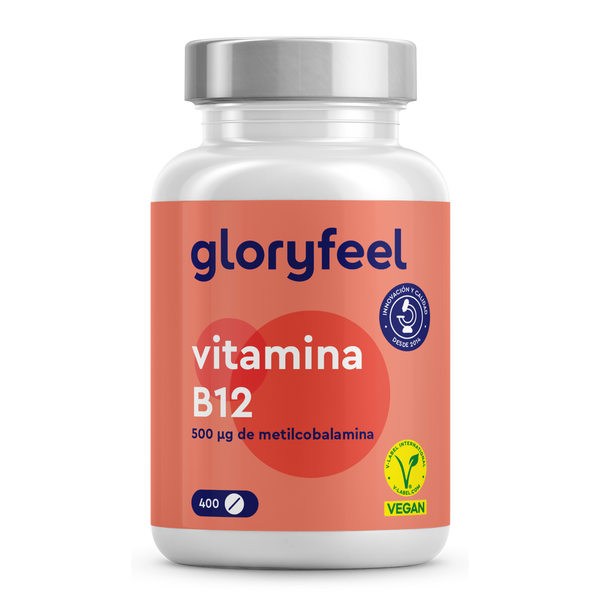 Un frasco de Vitamina B12 Metilcobalamina de GloryFeel GmbH España etiquetado como &quot;Vegetarianos y Veganos&quot; ofrece 400 comprimidos de 500 µg.