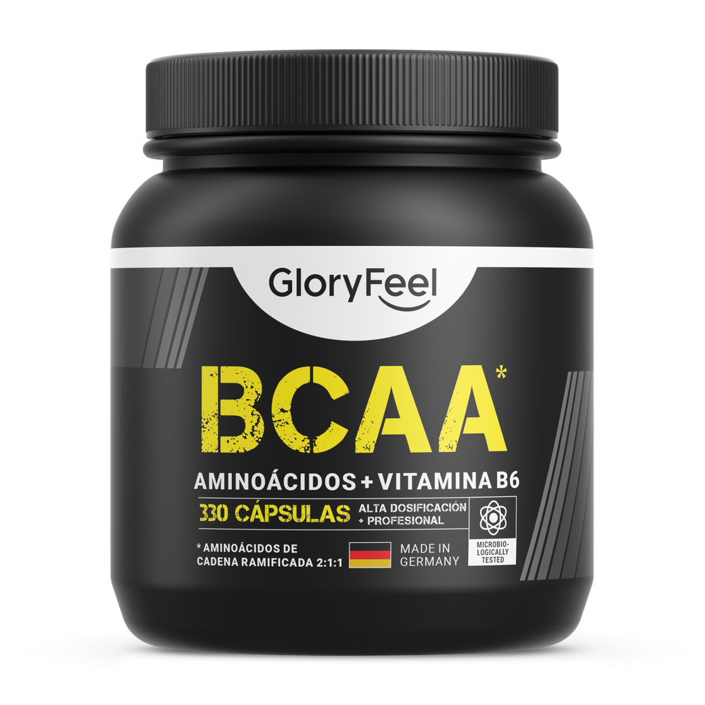 Un frasco negro de BCAA en cápsulas de GloryFeel GmbH España incluye 330 potentes cápsulas ricas en aminoácidos esenciales y vitamina B6, destacando la alta dosis, el uso experto y la artesanía alemana para un rendimiento óptimo.