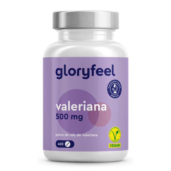 Un frasco de Valeriana en tabletas de Gloryfeel GmbH contiene 400 cápsulas, cada una con una dosis de 500 mg. Este suplemento con certificación vegana favorece el sistema nervioso central como un sedante natural de origen vegetal.
