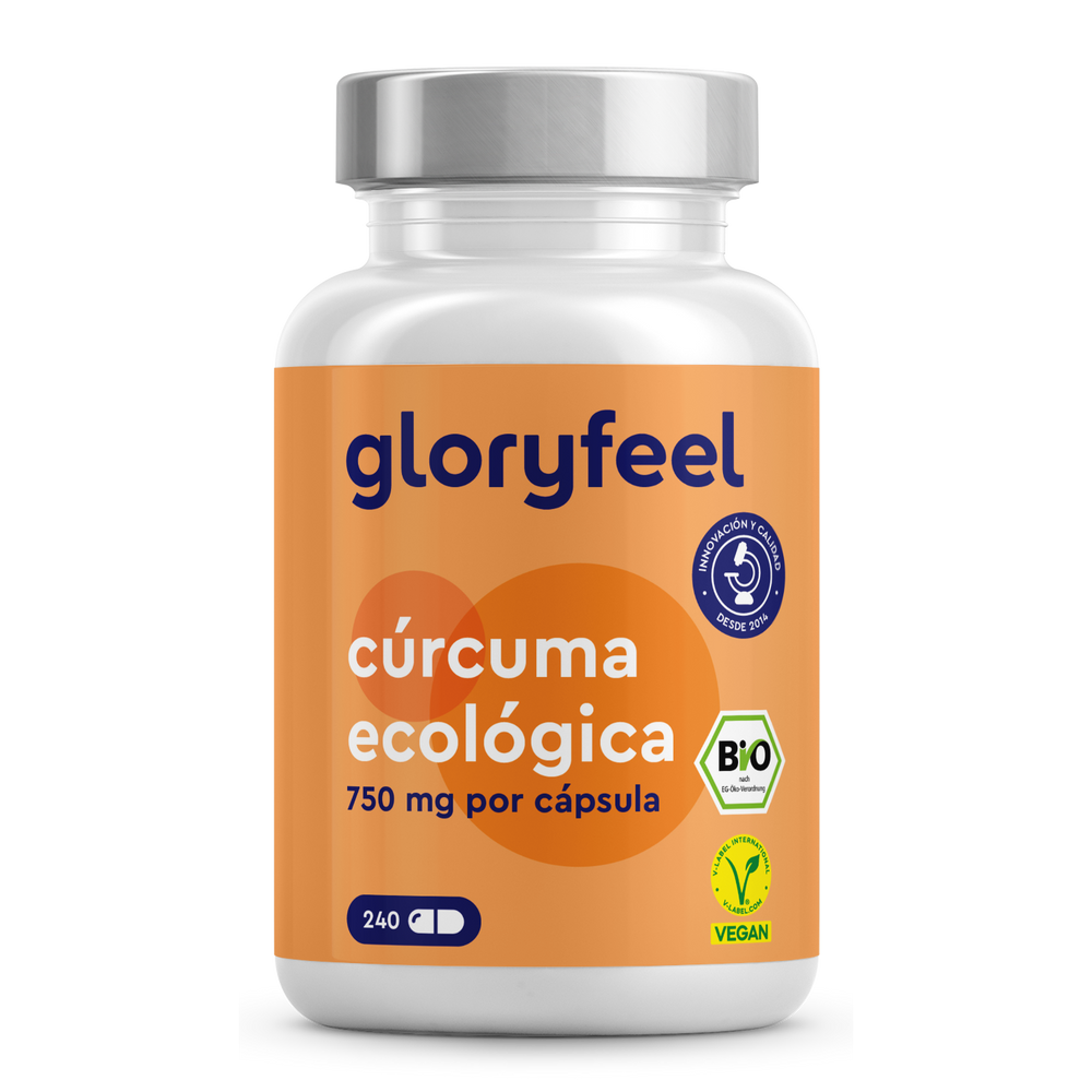 Bio Cúrcuma en cápsulas&quot; de GloryFeel GmbH España ofrece 750 mg de potente curcumina por cápsula. Las 240 cápsulas, con propiedades antioxidantes, lucen los logotipos BIO y vegano en la vibrante etiqueta naranja.