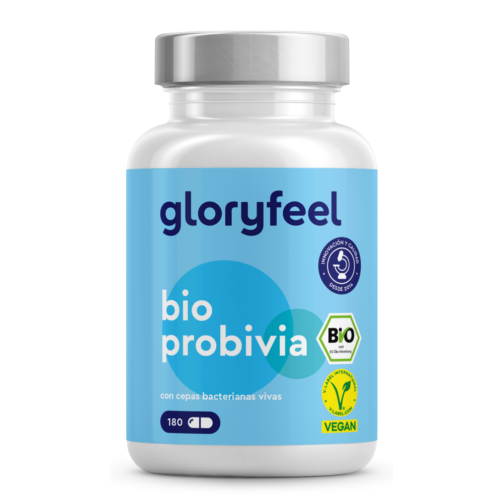 Una botella azul y blanca etiquetada como &quot;Bio Probivia 180 Cápsulas&quot; de GloryFeel GmbH España presenta símbolos de cepas bacterianas vivas, está biocertificada y es vegana, y apoya la flora intestinal con 180 cápsulas de cultivos bacterianos de alta calidad.
