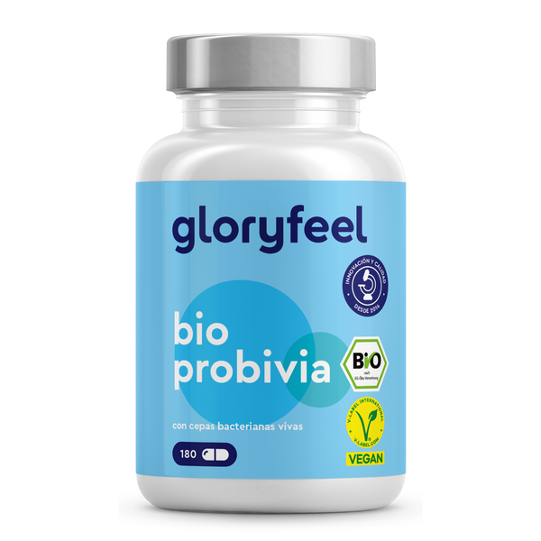 Una botella azul y blanca etiquetada como &quot;Bio Probivia 180 Cápsulas&quot; de GloryFeel GmbH España presenta símbolos de cepas bacterianas vivas, está biocertificada y es vegana, y apoya la flora intestinal con 180 cápsulas de cultivos bacterianos de alta calidad.