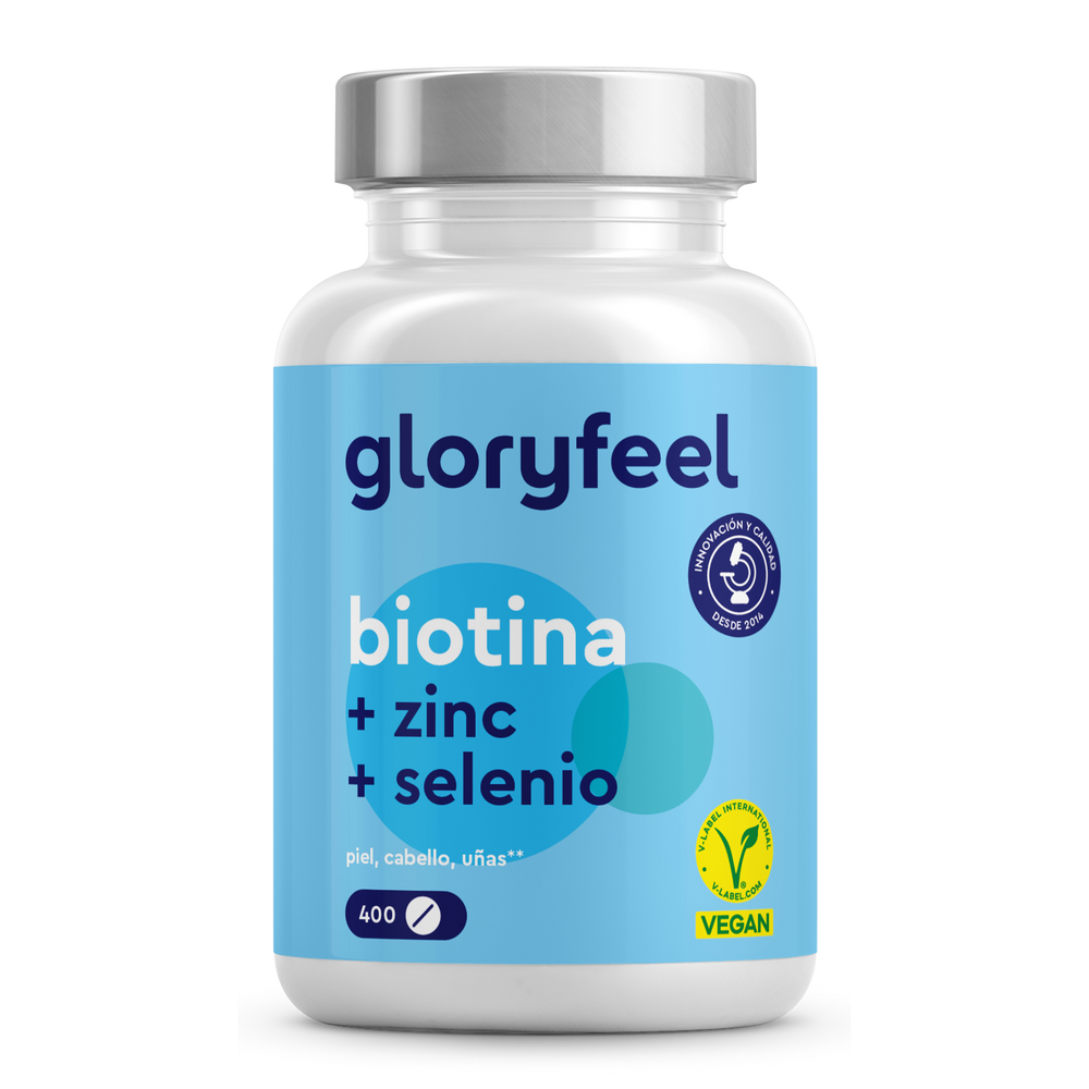 Un frasco de Biotina en tabletas de GloryFeel GmbH España refuerza la salud del cabello con zinc y selenio. Este suplemento alimenticio con etiqueta azul y certificación vegana contiene 400 cápsulas.