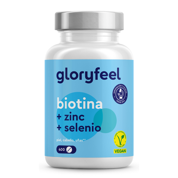Un frasco de Biotina en tabletas de GloryFeel GmbH España refuerza la salud del cabello con zinc y selenio. Este suplemento alimenticio con etiqueta azul y certificación vegana contiene 400 cápsulas.