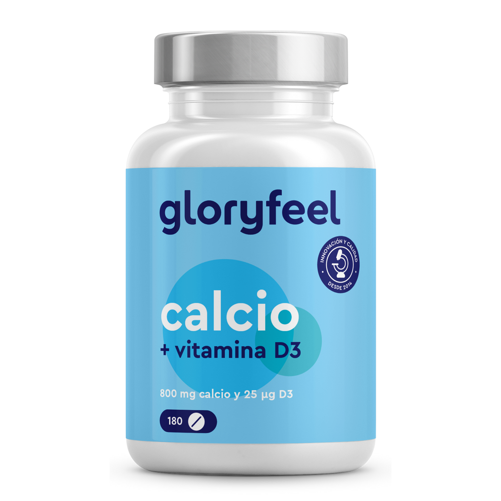 Un frasco de &quot;Calcio + Vitamina D3&quot; de Gloryfeel GmbH contiene 180 comprimidos, cada uno con 800 mg de calcio y 25 µg de vitamina D3.