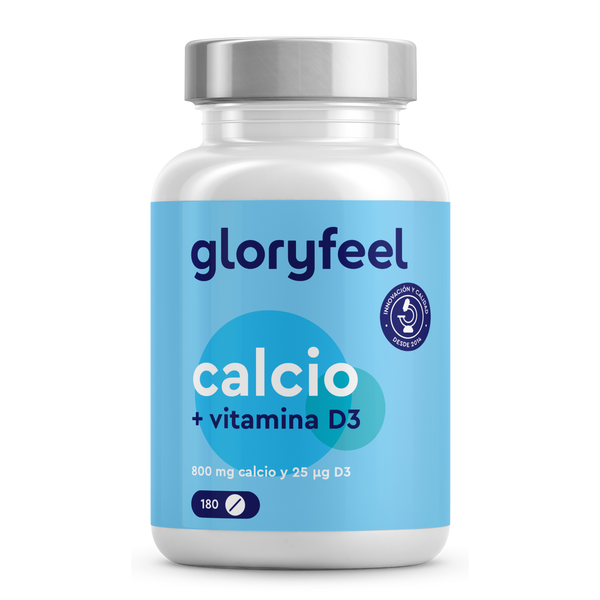 Un frasco de &quot;Calcio + Vitamina D3&quot; de Gloryfeel GmbH contiene 180 comprimidos, cada uno con 800 mg de calcio y 25 µg de vitamina D3.
