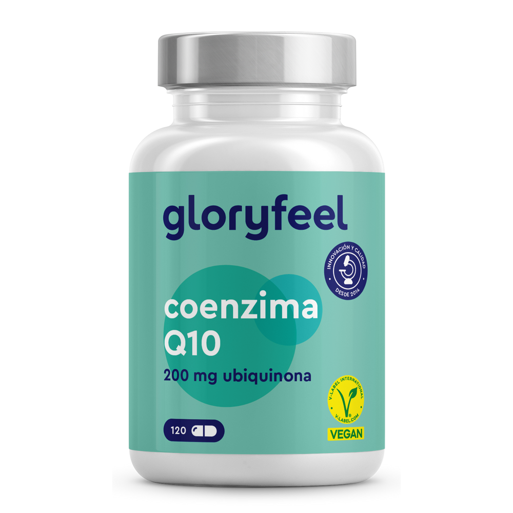 GloryFeel Coenzima Q10 suplemento como complemento alimenticio aporta 200 mg de ubiquinona en 120 cápsulas veganas.