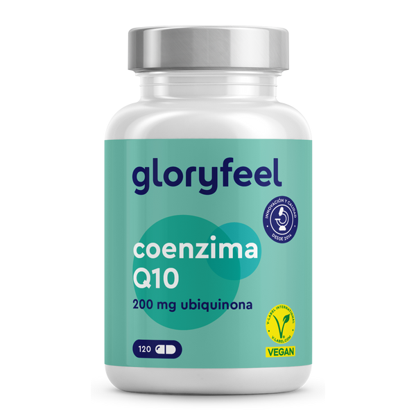 GloryFeel Coenzima Q10 suplemento como complemento alimenticio aporta 200 mg de ubiquinona en 120 cápsulas veganas.