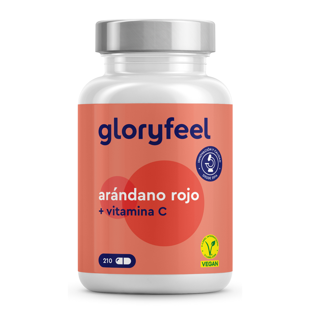 Presentamos el suplemento Arándano Rojo + Vitamina C de Gloryfeel GmbH, elaborado para favorecer la salud urinaria y reforzar el sistema inmunitario. Esta fórmula vegana, en 210 cápsulas, luce logotipos de certificación sanitaria en su llamativa etiqueta roja.
